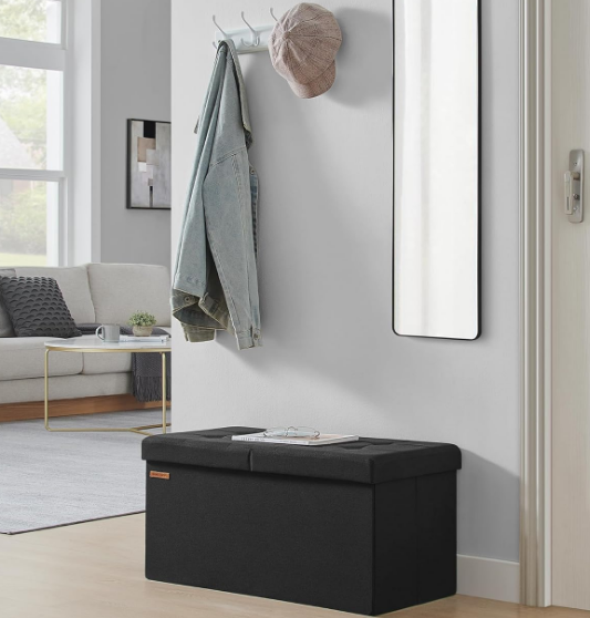 Storage Ottoman, Foldable Storage Bench, 15 x 30 x 15 Inches, Flipping Lid, 660 lb Load Capacity, for Entryway, Living Room, Bedroom, Ink Black