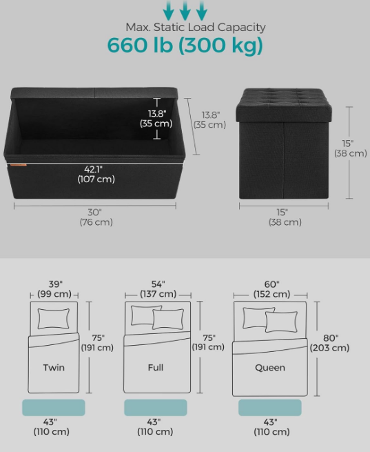 Storage Ottoman, Foldable Storage Bench, 15 x 30 x 15 Inches, Flipping Lid, 660 lb Load Capacity, for Entryway, Living Room, Bedroom, Ink Black
