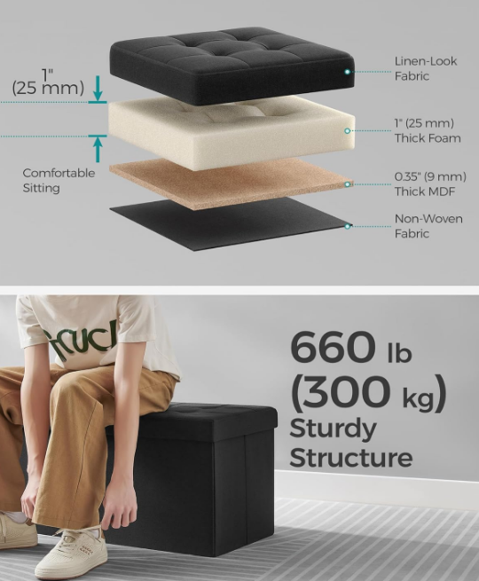 Storage Ottoman, Foldable Storage Bench, 15 x 30 x 15 Inches, Flipping Lid, 660 lb Load Capacity, for Entryway, Living Room, Bedroom, Ink Black