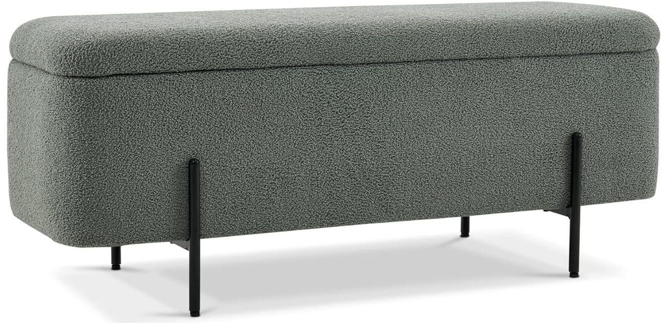 Storage Ottoman Bench, Teddy Fabric Upholstered Footstool with Storage Space, Bed End Bench for Bedroom, Living Room, Entryway W709 (Light Green)