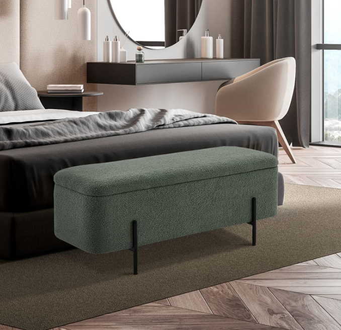 Storage Ottoman Bench, Teddy Fabric Upholstered Footstool with Storage Space, Bed End Bench for Bedroom, Living Room, Entryway W709 (Light Green)