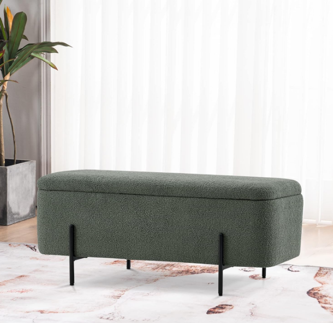 Storage Ottoman Bench, Teddy Fabric Upholstered Footstool with Storage Space, Bed End Bench for Bedroom, Living Room, Entryway W709 (Light Green)