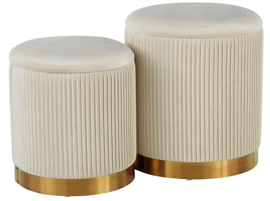 Round Ottoman with Storage Set of 2,White Velvet Storage Ottoman for Living Room, Round Storage Ottoman, Ottoman Chair, Gold Ottoman with Storage, Accent Chair, Modern Ottoman (Cream)