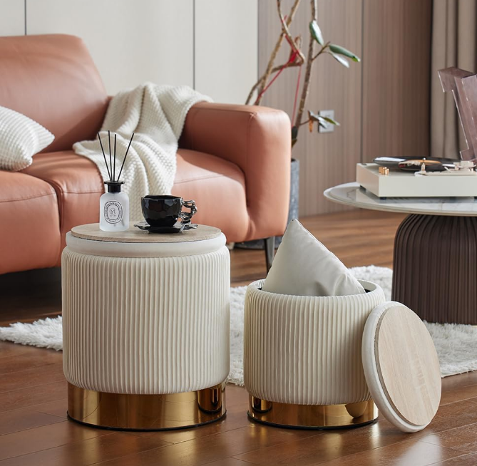Round Ottoman with Storage Set of 2,White Velvet Storage Ottoman for Living Room, Round Storage Ottoman, Ottoman Chair, Gold Ottoman with Storage, Accent Chair, Modern Ottoman (Cream)