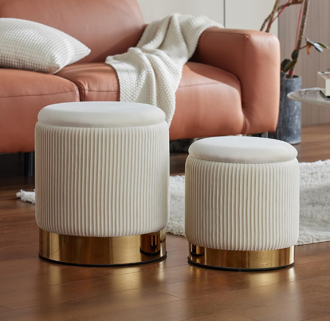 Round Ottoman with Storage Set of 2,White Velvet Storage Ottoman for Living Room, Round Storage Ottoman, Ottoman Chair, Gold Ottoman with Storage, Accent Chair, Modern Ottoman (Cream)