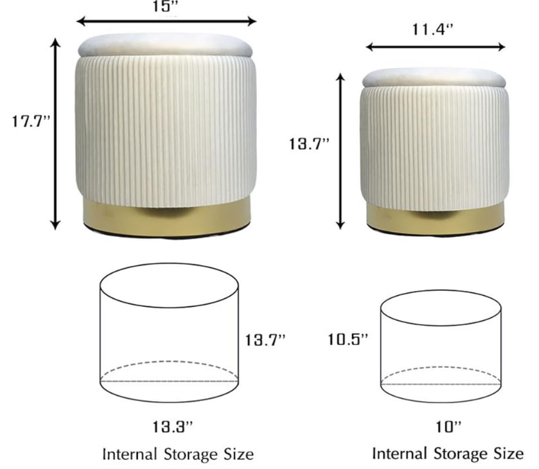 Round Ottoman with Storage Set of 2,White Velvet Storage Ottoman for Living Room, Round Storage Ottoman, Ottoman Chair, Gold Ottoman with Storage, Accent Chair, Modern Ottoman (Cream)