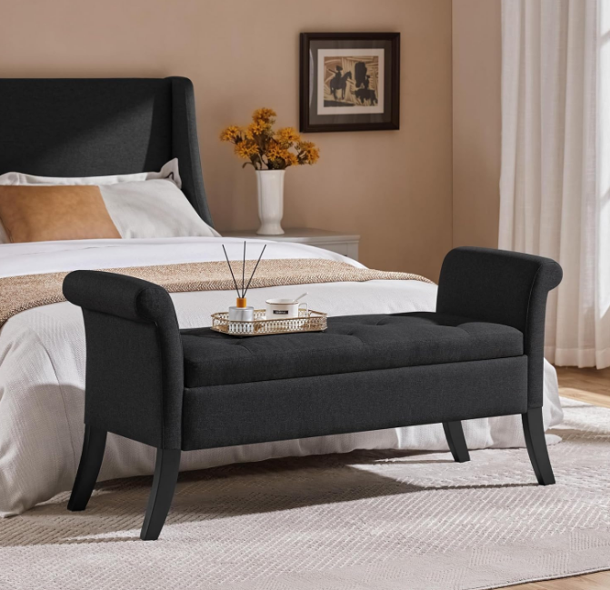 52in Ottoman Bench Folding Storage Ottoman Bench Tufted Fabric Entryway Bench with Arms Footstool with Large Storage Foot Rest Seat Rolled Arms Cushioned Ottoman Black