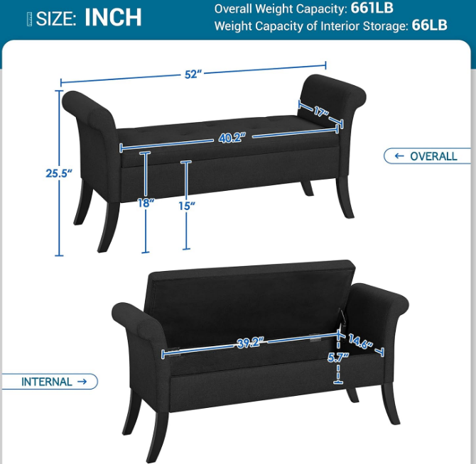 52in Ottoman Bench Folding Storage Ottoman Bench Tufted Fabric Entryway Bench with Arms Footstool with Large Storage Foot Rest Seat Rolled Arms Cushioned Ottoman Black