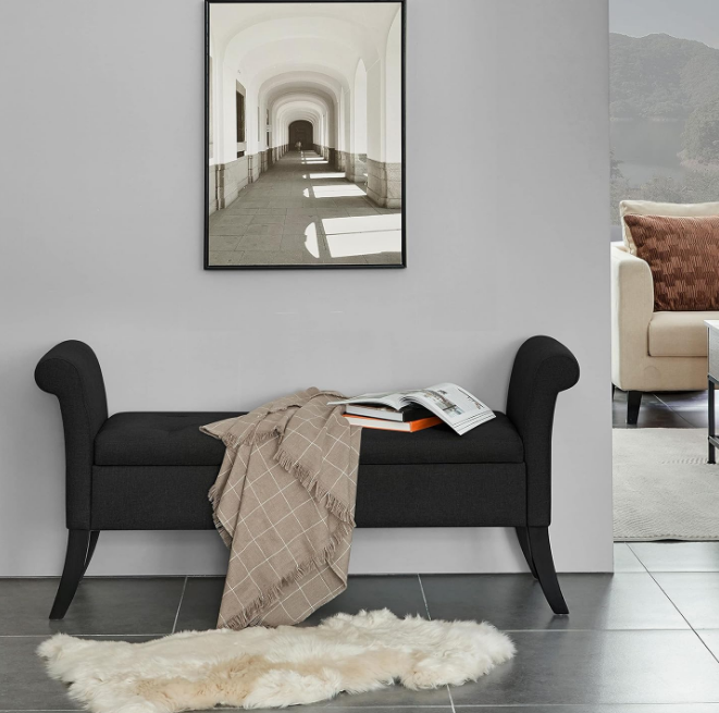 52in Ottoman Bench Folding Storage Ottoman Bench Tufted Fabric Entryway Bench with Arms Footstool with Large Storage Foot Rest Seat Rolled Arms Cushioned Ottoman Black