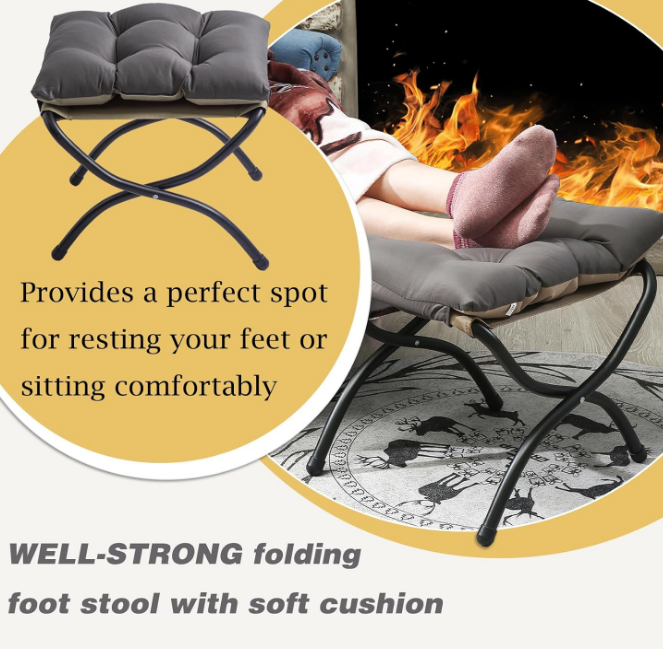 15" Folding Foot Stool for Patio, Small Accent Outdoor Ottoman, Metal Frame Foldable Foot Rest, Upholstered Morden Folding Footstool for Home Living Room Bedroom Washable Dark Grey