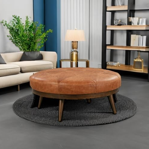  Modern Leather Ottoman Pouf (Cognac Tan)
