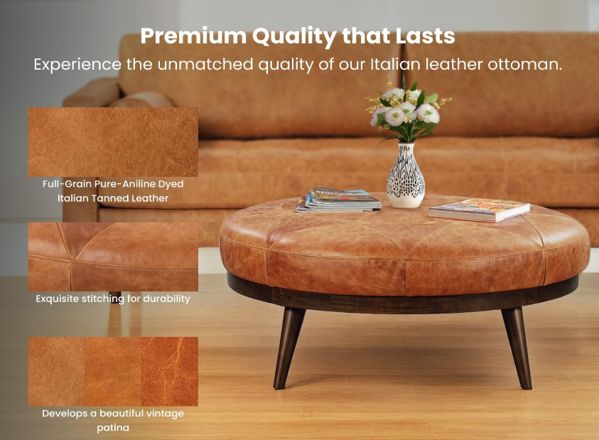  Modern Leather Ottoman Pouf (Cognac Tan)