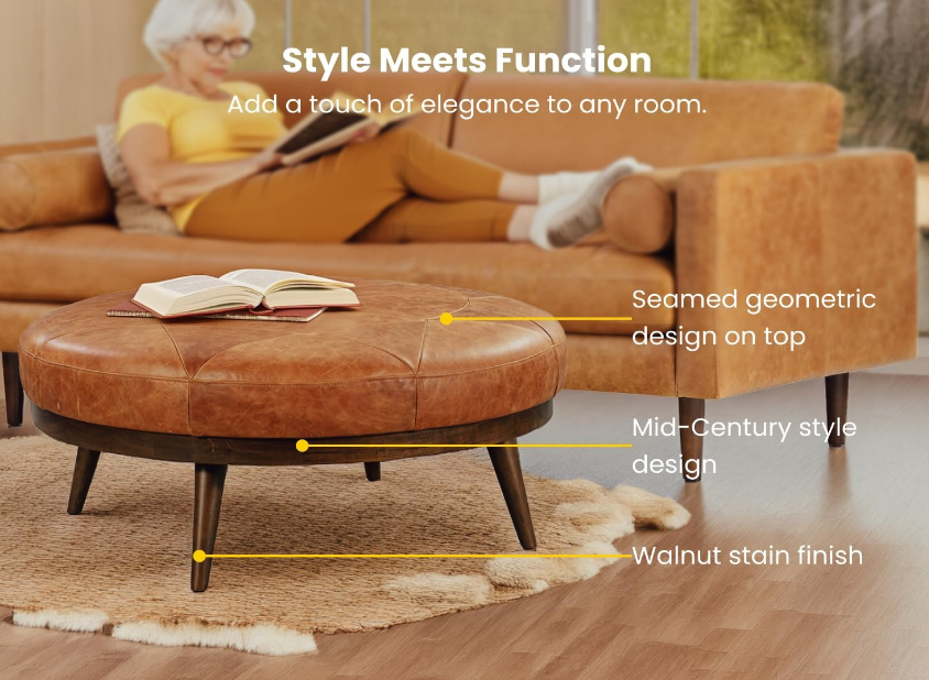  Modern Leather Ottoman Pouf (Cognac Tan)