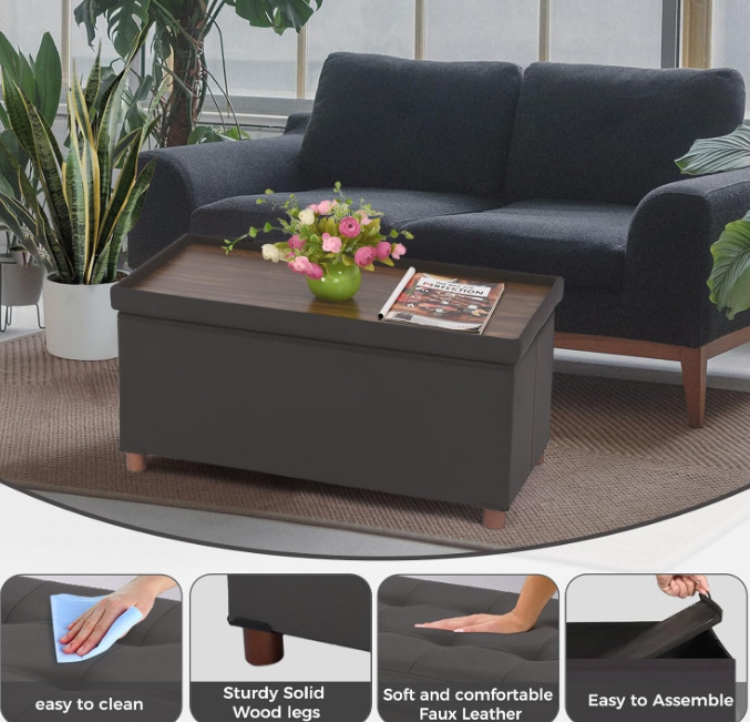 Ottoman Storage Bench for Living Room Storage Ottoman with Tray Bedroom Foot Stool Storage Ottomans Coffee Table Lid Storage Footstool with Legs end of Bed Faxu Leather 30" Inch (L-Grey)
