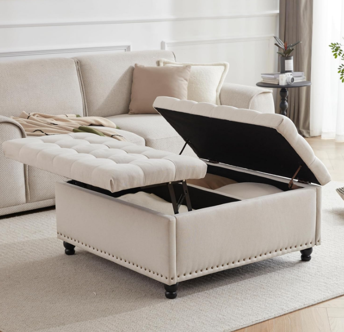 Large Square Storage Ottoman Bench, Tufted Upholstered Coffee Table Ottoman with Storage, Oversized Storage Ottomans Toy Box for Living Room (Beige)