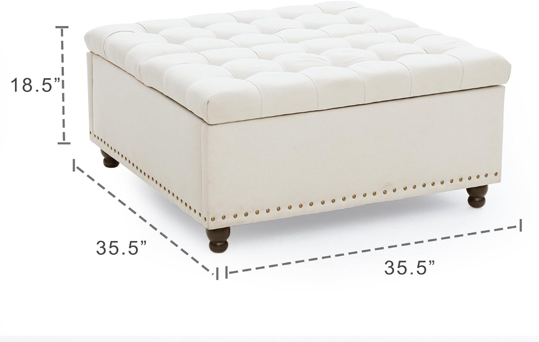 Large Square Storage Ottoman Bench, Tufted Upholstered Coffee Table Ottoman with Storage, Oversized Storage Ottomans Toy Box for Living Room (Beige)
