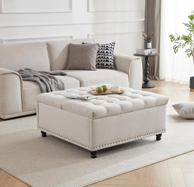 Large Square Storage Ottoman Bench, Tufted Upholstered Coffee Table Ottoman with Storage, Oversized Storage Ottomans Toy Box for Living Room (Beige)