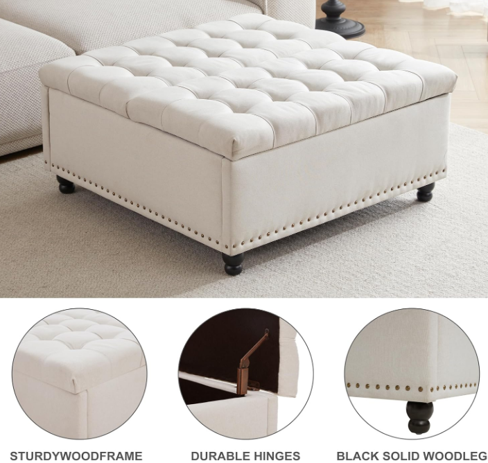 Large Square Storage Ottoman Bench, Tufted Upholstered Coffee Table Ottoman with Storage, Oversized Storage Ottomans Toy Box for Living Room (Beige)