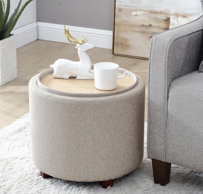 Lawrence Round Storage Ottoman with Lift Off Lid and Tray Lid Coffee Table, Ottoman with Storage for Living Room, Bedroom and Office, Linen Beige