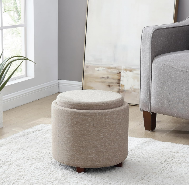 Lawrence Round Storage Ottoman with Lift Off Lid and Tray Lid Coffee Table, Ottoman with Storage for Living Room, Bedroom and Office, Linen Beige