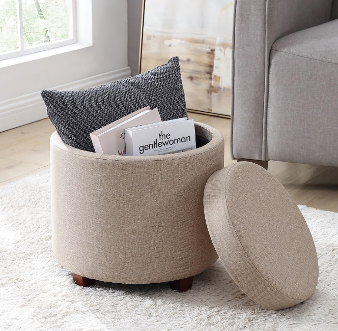 Lawrence Round Storage Ottoman with Lift Off Lid and Tray Lid Coffee Table, Ottoman with Storage for Living Room, Bedroom and Office, Linen Beige