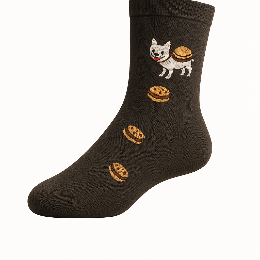 Meia divertida com cachorro e hambúrguer