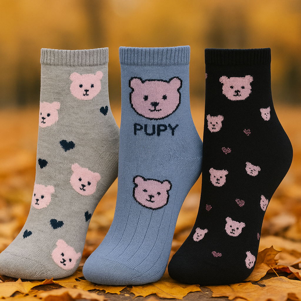 Conjunto de 3 Pares de Meias divertidas com estampa de ursinho