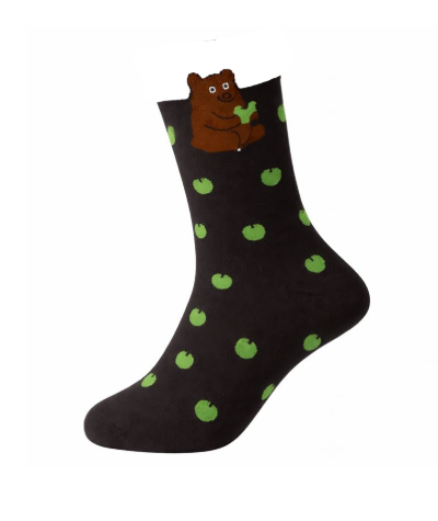 Meia preta com desenho de urso e maçãs