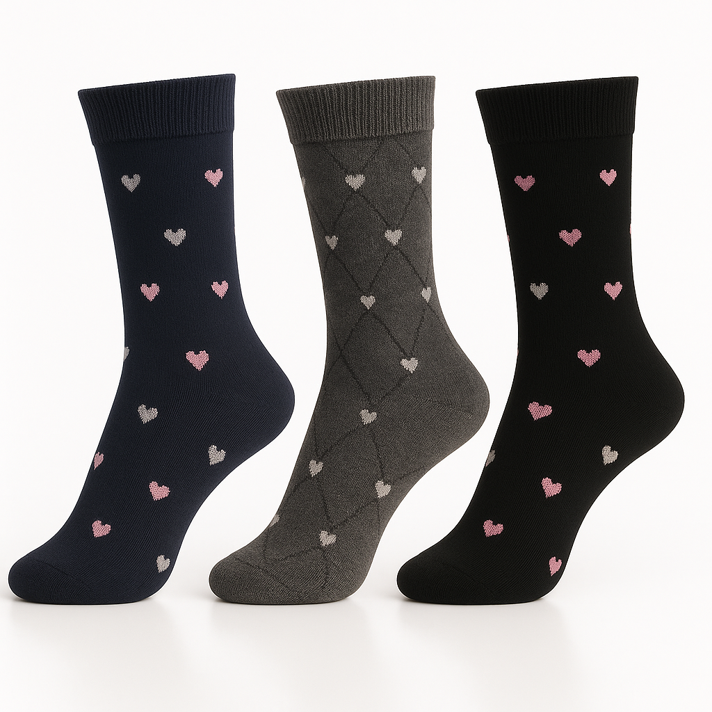 Conjunto de 3 Pares de Meias Meias femininas estampadas com corações-Compridas