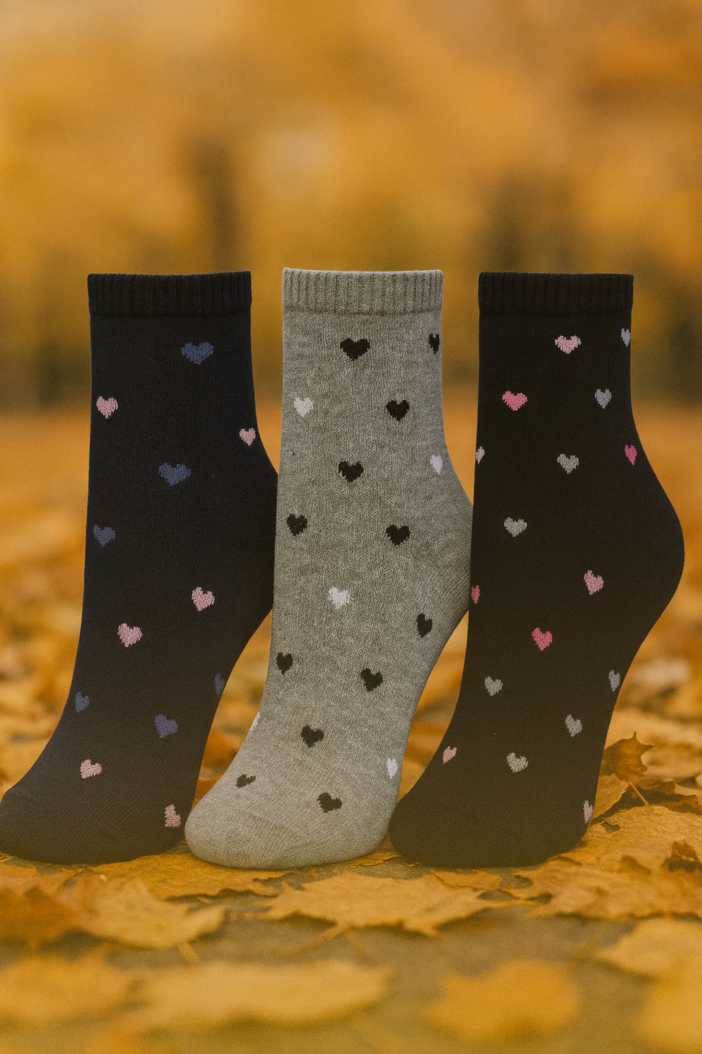 Conjunto de 3 Pares de Meias estampadas de corações