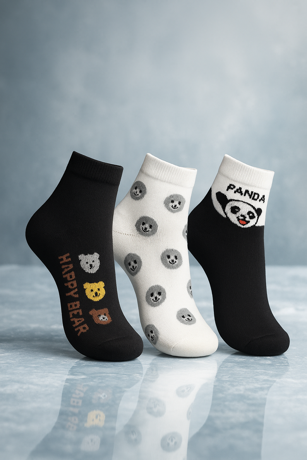 Conjunto de 3 Pares de Meias com estampas de urso e panda