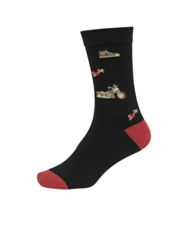 Meia  preta com ilustrações de motas