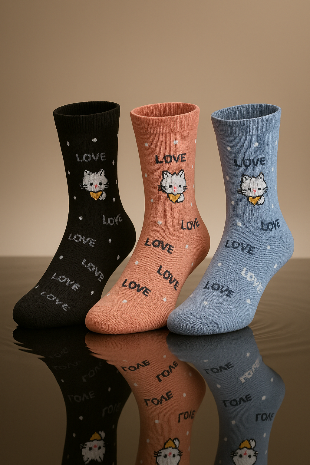 Conjunto de 3 pares de meias estampadas de gato