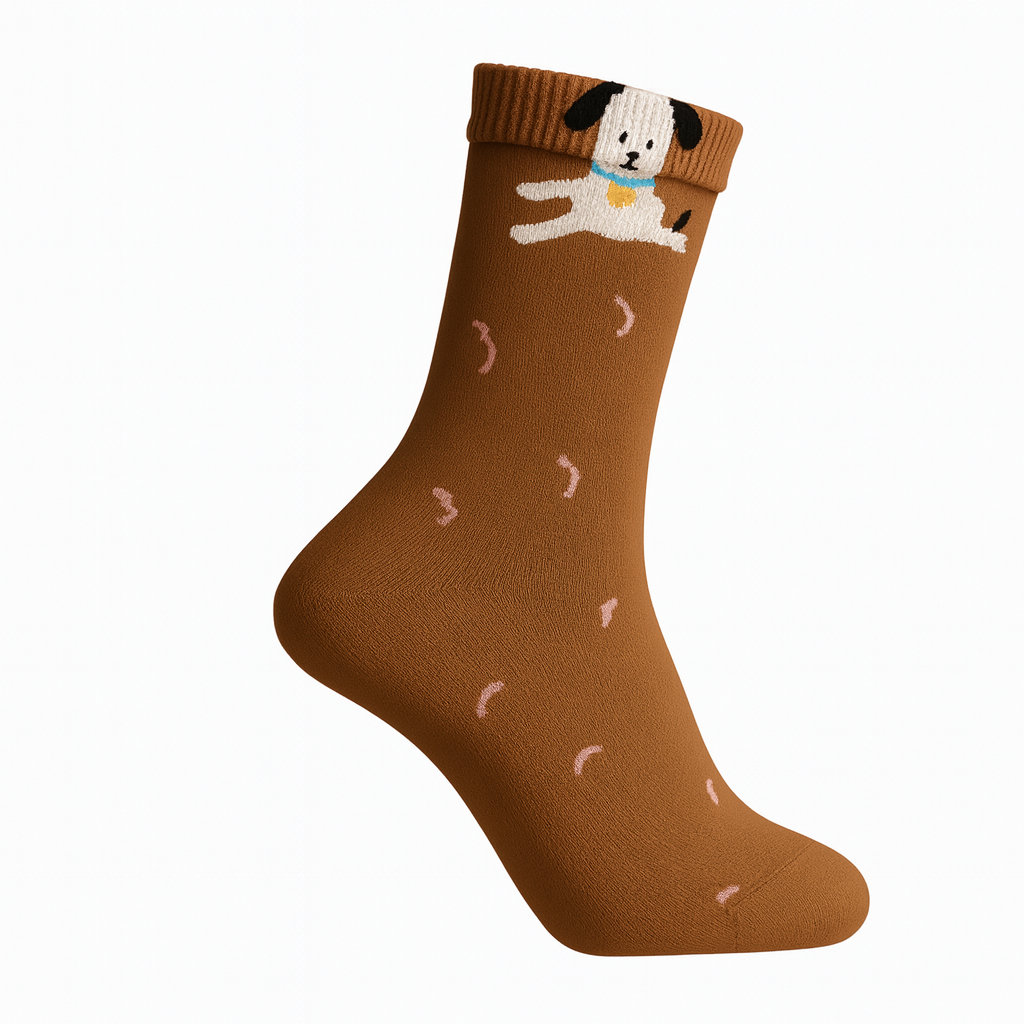 Meia castanha com desenho de cachorro