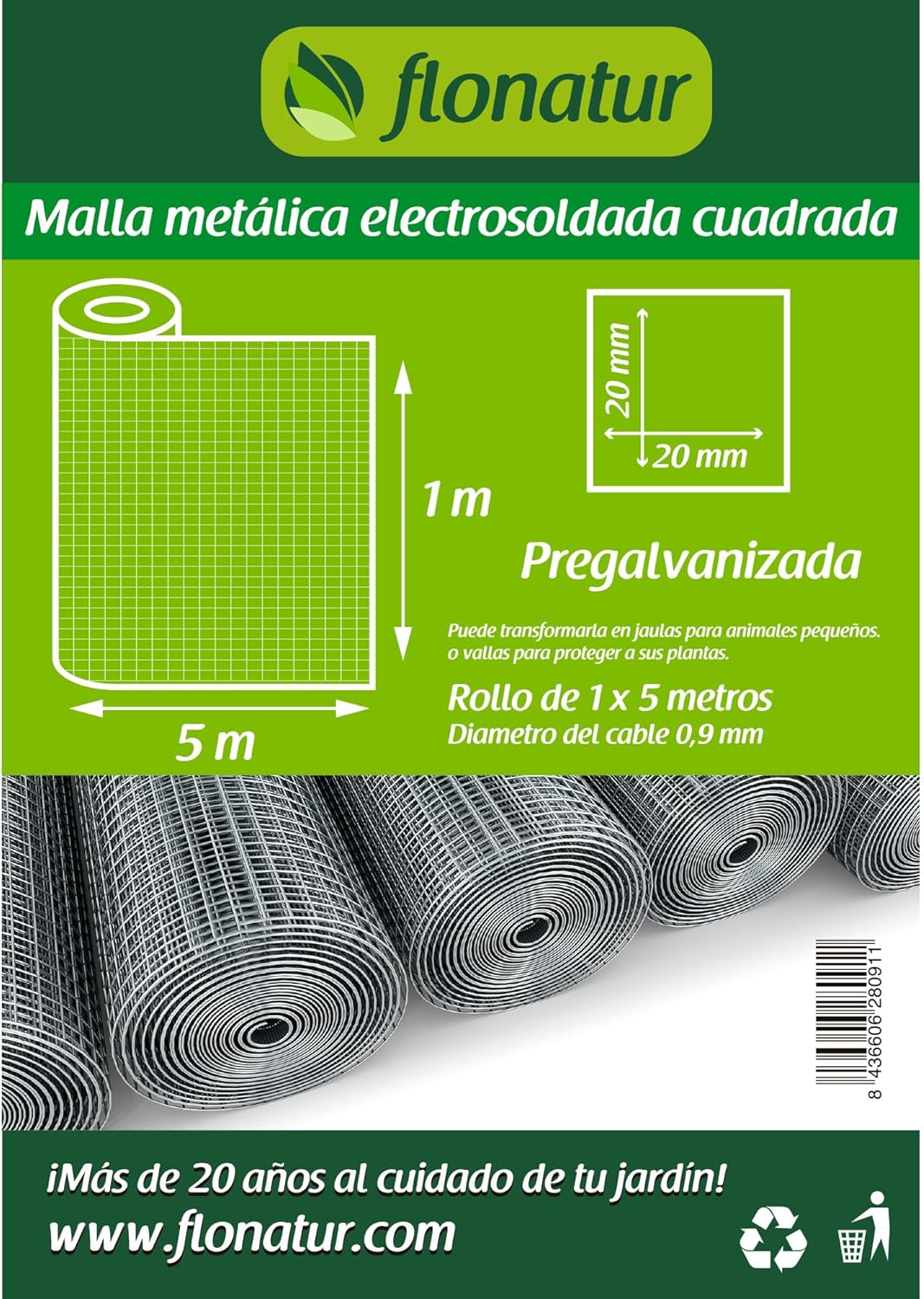Malla Metálica Electrosoldada Galvanizada. Perfecta para plantas y animales, múltiples usos. Rollo 1x5 m. Hueco 20 mm. Grosor del Cable 0.9 mm. Plateado