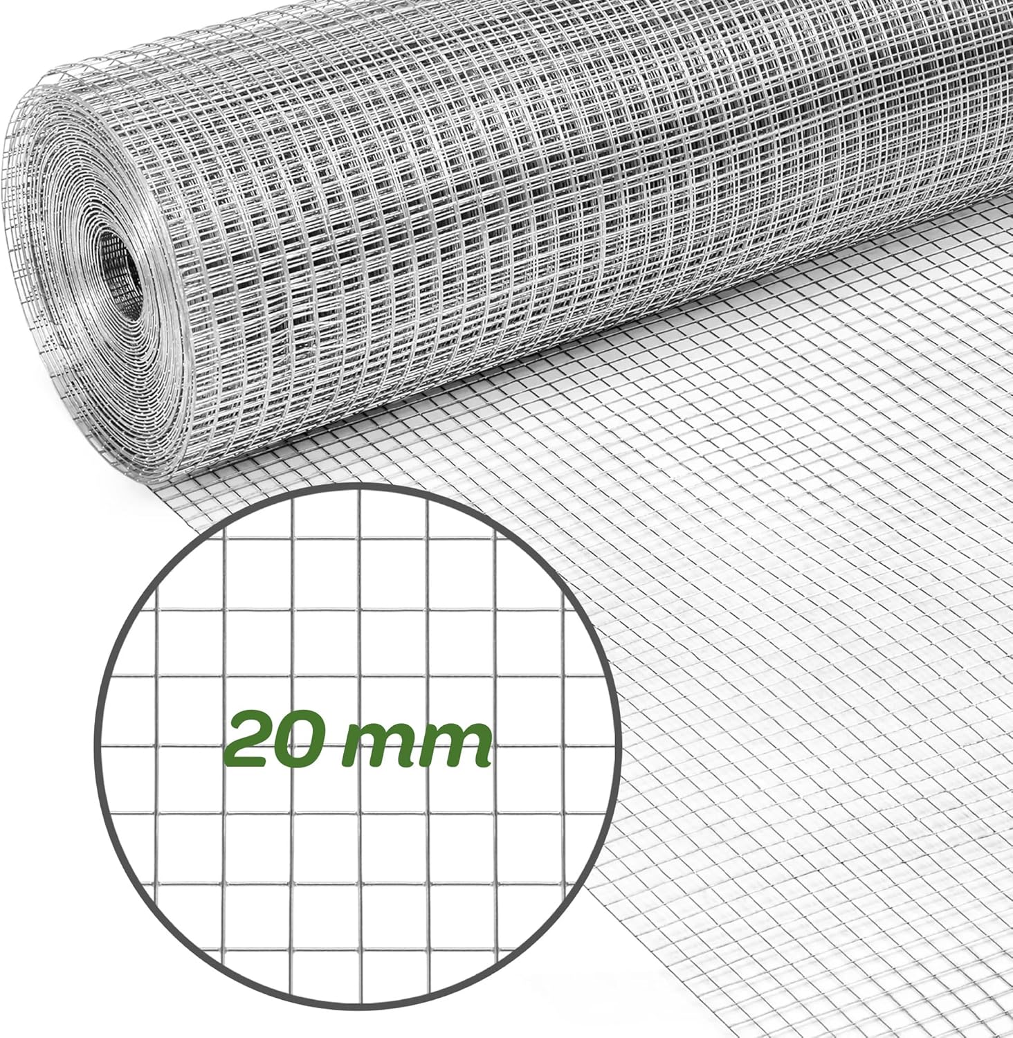 Malla Metálica Electrosoldada Galvanizada. Perfecta para plantas y animales, múltiples usos. Rollo 1x5 m. Hueco 20 mm. Grosor del Cable 0.9 mm. Plateado
