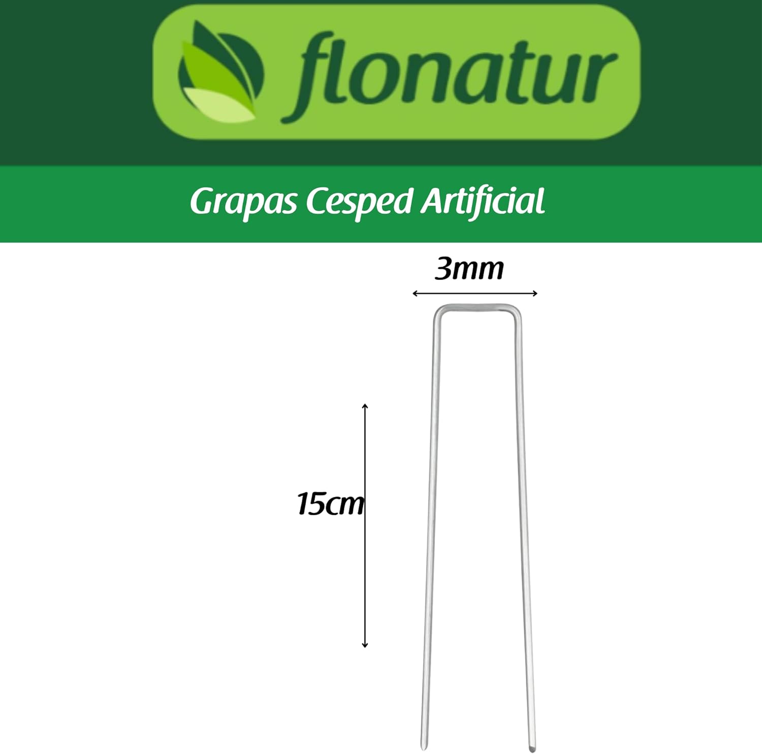 FLONATUR - Grapas para Césped Artificial - Camping Suelo Duro - Clavos Jardín - Anclaje Suelo con Arandelas - Metal Galvanizado en Caliente - Diámetro 3mm - Medida 15x3x15cm