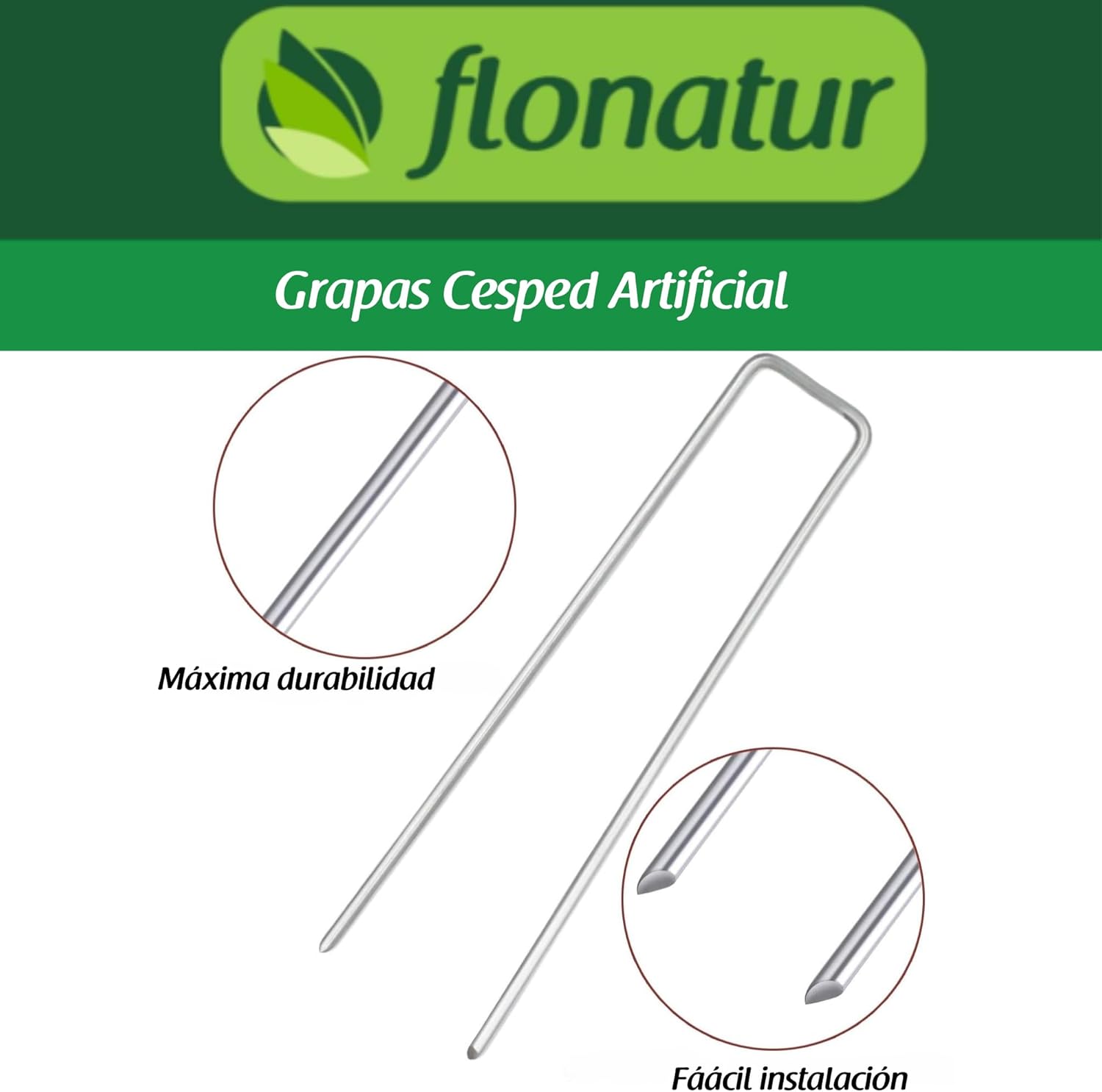 FLONATUR - Grapas para Césped Artificial - Camping Suelo Duro - Clavos Jardín - Anclaje Suelo con Arandelas - Metal Galvanizado en Caliente - Diámetro 3mm - Medida 15x3x15cm
