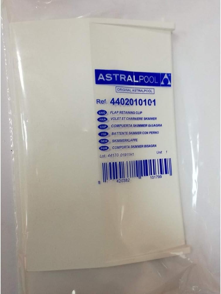 Compuerta skimmer con bisagra color blanco. Recambio original AstralPool para skimmer de 15 litros. Dimensiones: 19,5 x 13,5 cm. Código 4402010101