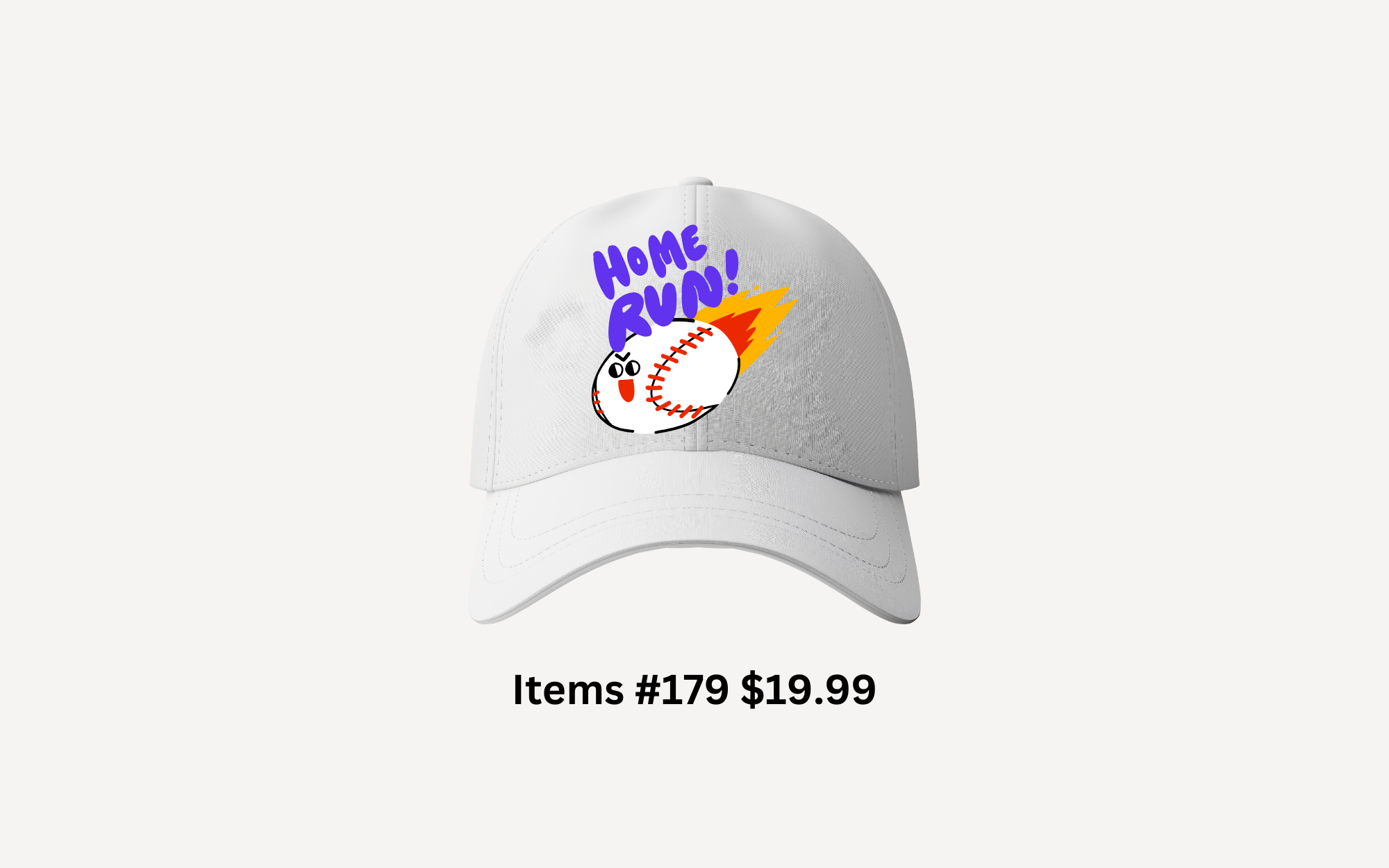 Custom Baseball cap with cute "home run!" design with flaming baseball