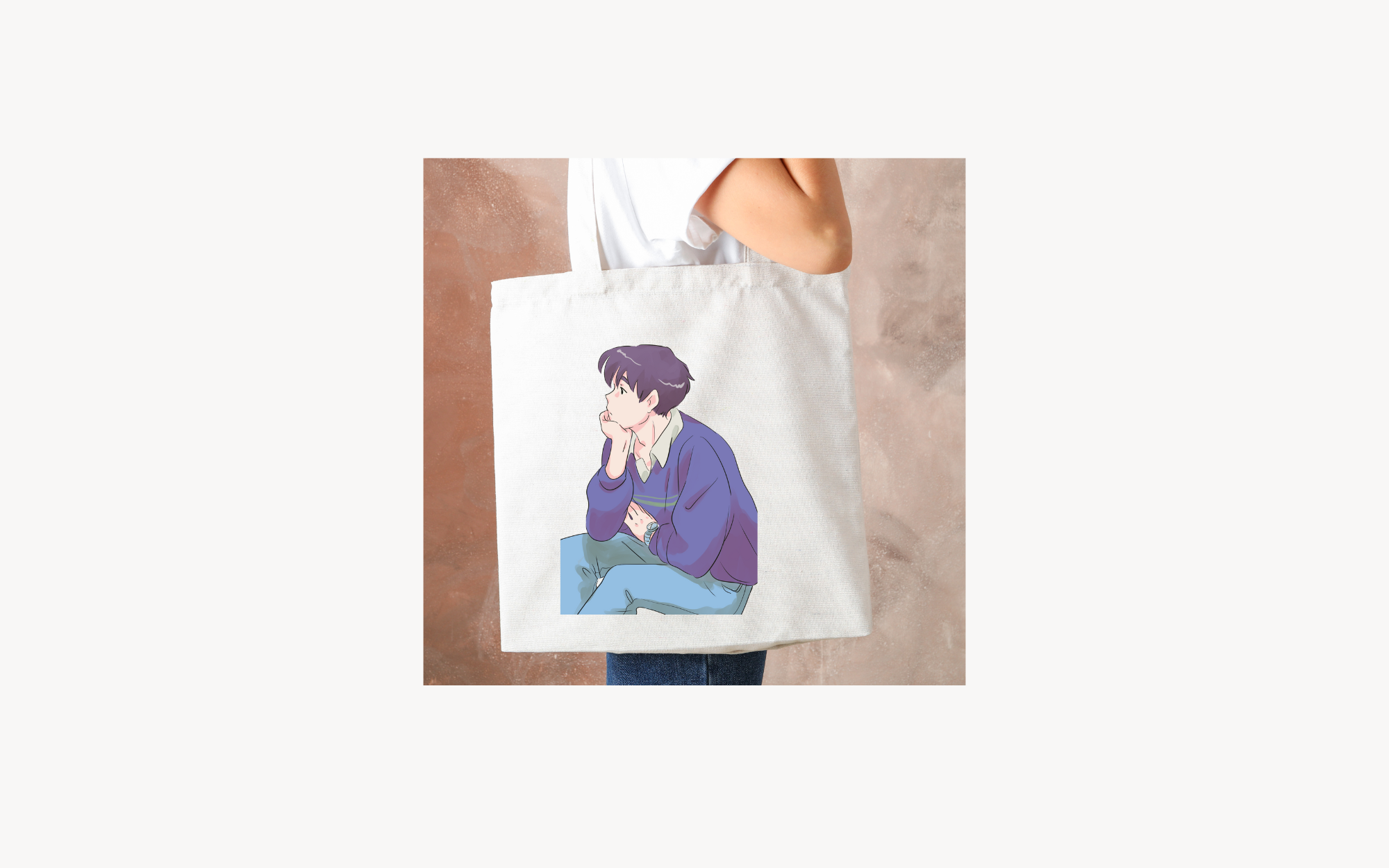 Tote Bag with design of boy in blue sitting 