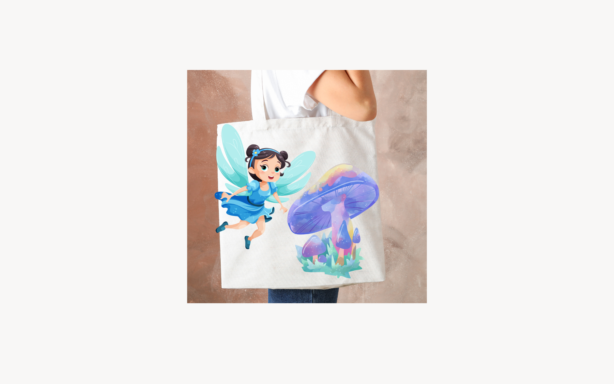 Tote Bag with blue fairy and her blue mushroom house