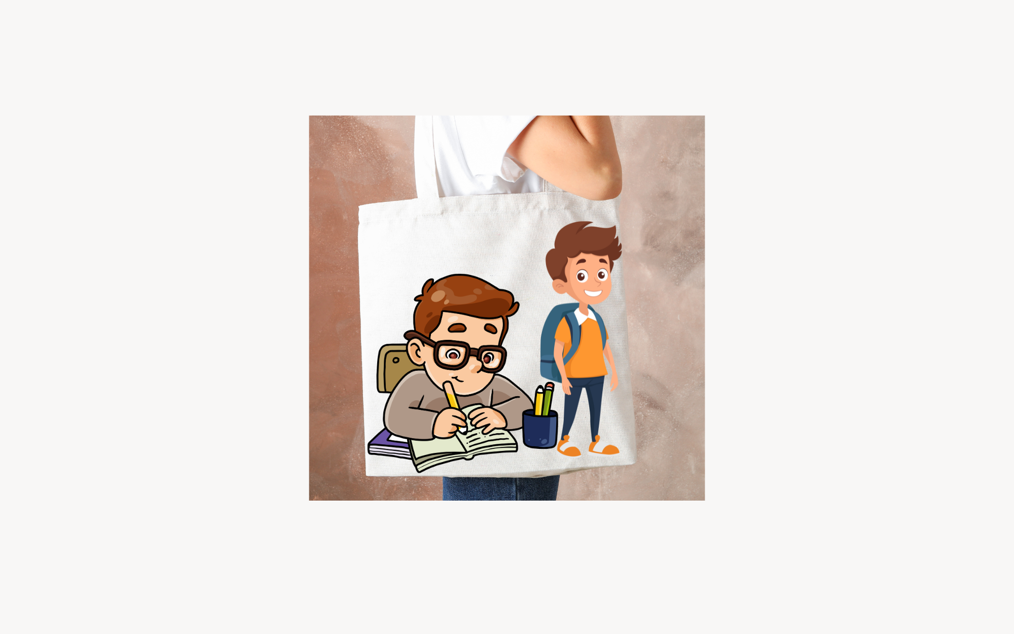 Tote Bag with design of kids studying with bookbags