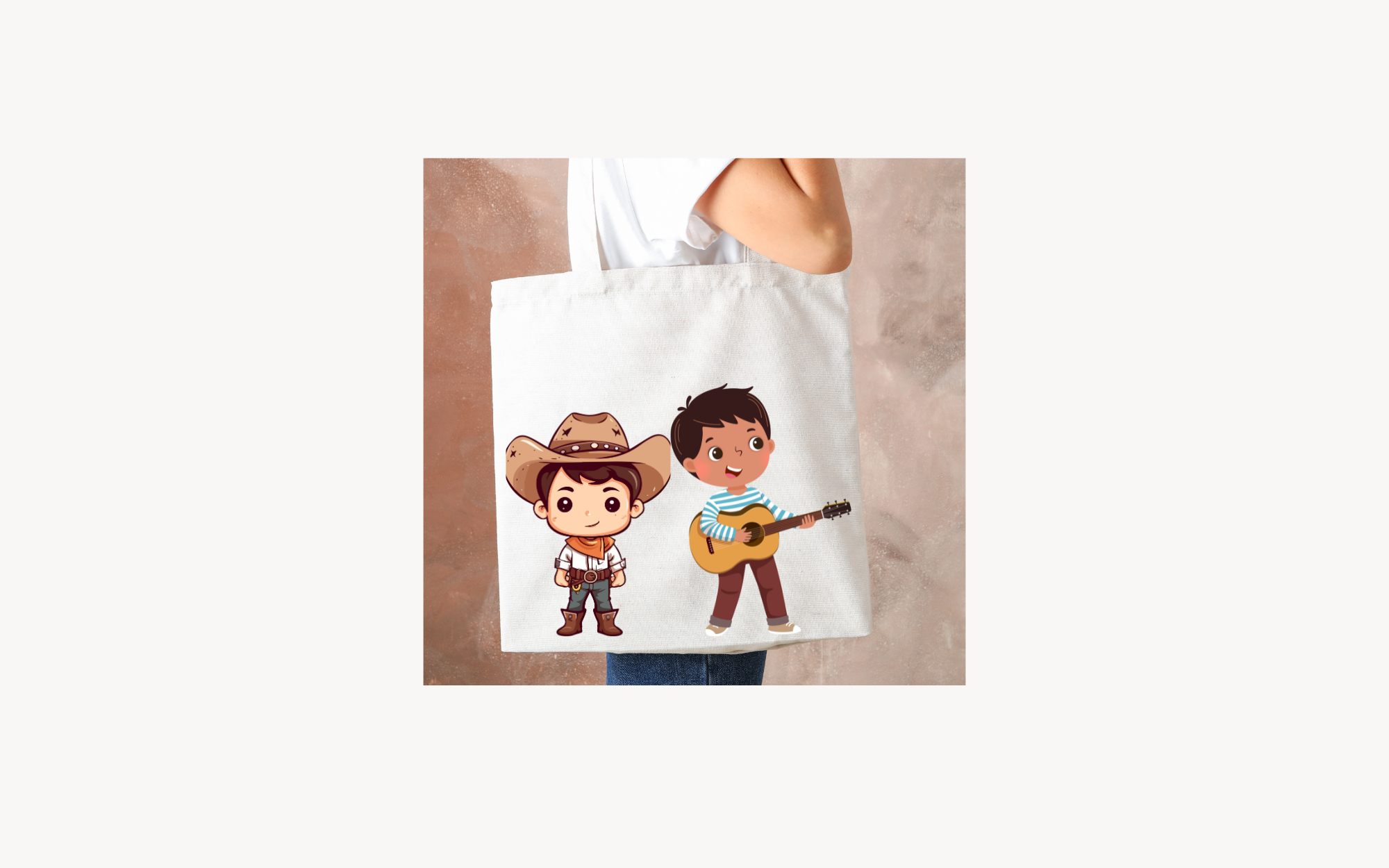 Tote Bag with cowboy and boy playing guitar