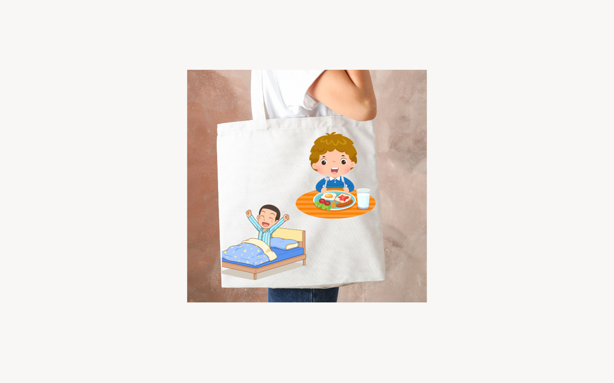 Tote Bag with design of kids waking up eating design