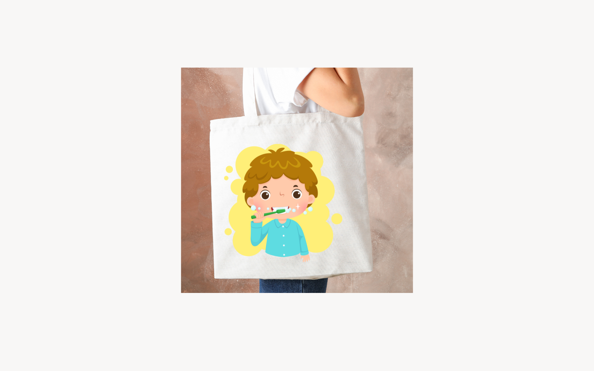Tote Bag with cute design of kid brushing their teeth 