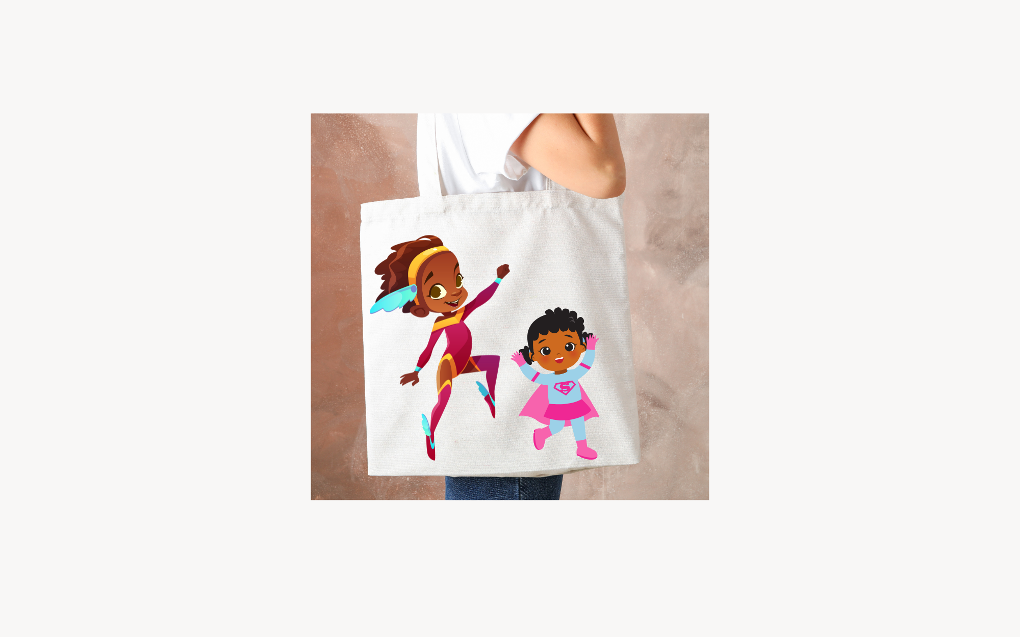 Tote bag showing two cute superhero girls