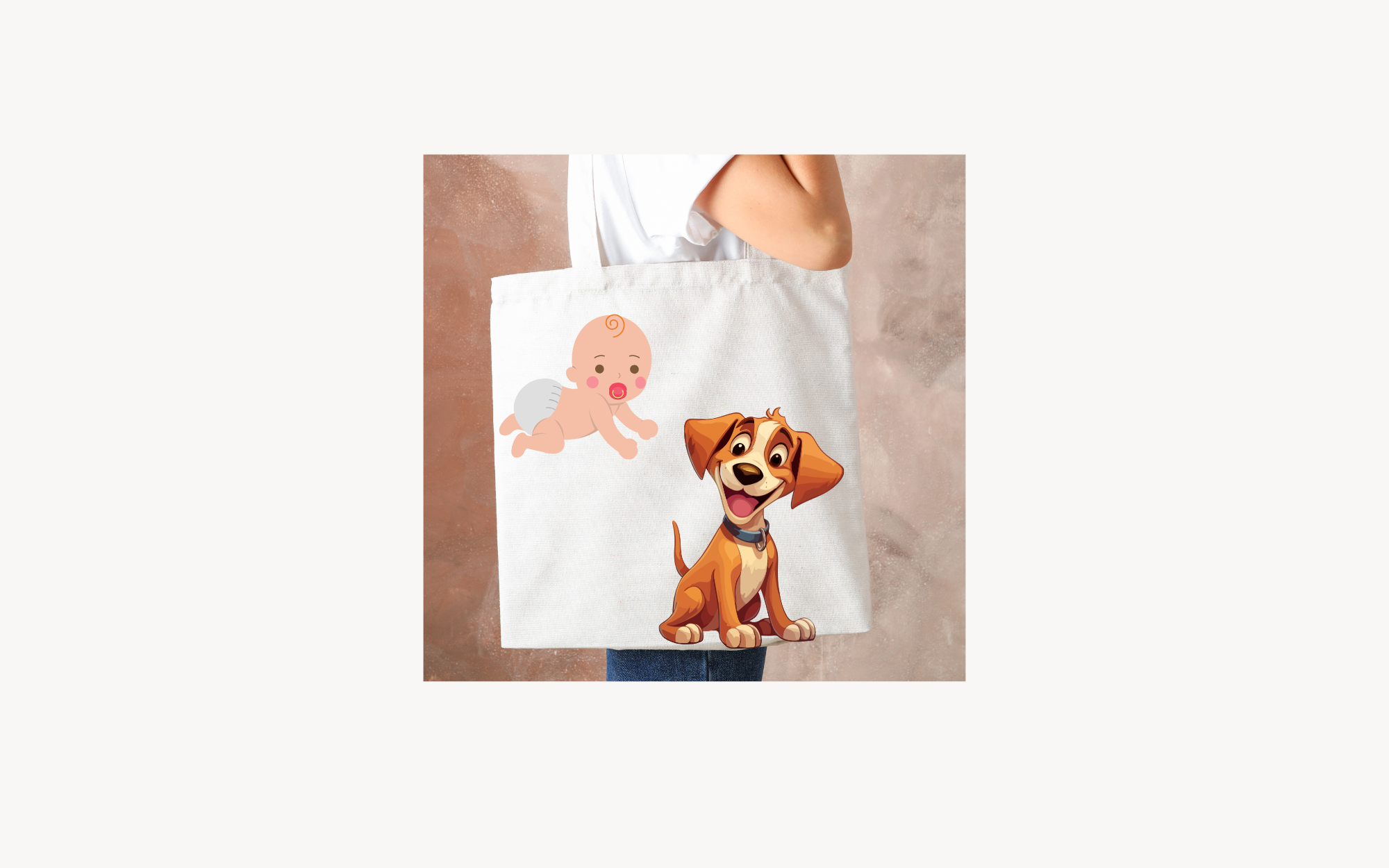Tote bag with design of baby playing with dog