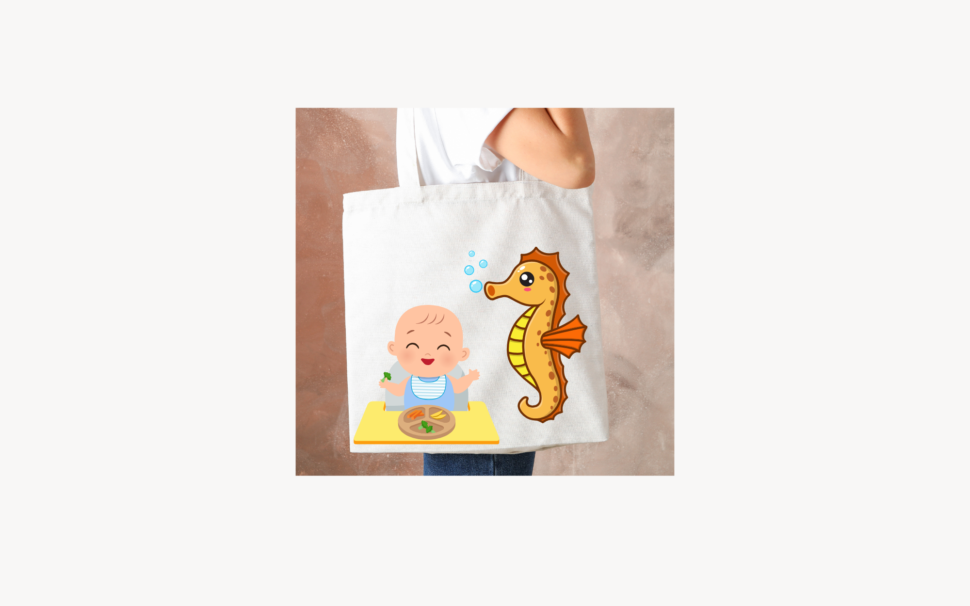 Tote Bag showing sea horse blowing bubbles with baby