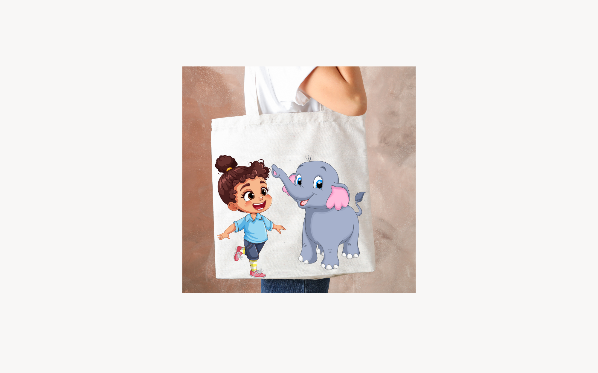 Tote Bag showing adorable kid playing with elephant 